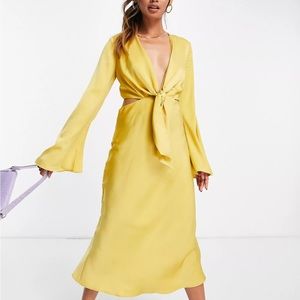 ASOS DESIGN tie front satin midi dress with flared sleeve and cut out side